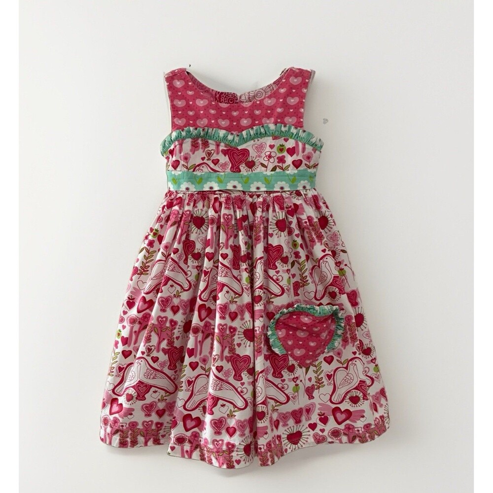 Jelly the Pug Girl's Dress Sleeveless Ruffle Trim Size 7 Pink Aqua Birds Hearts